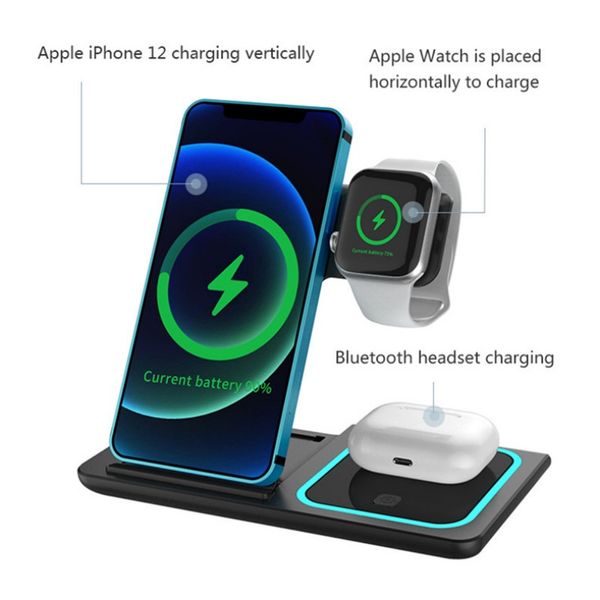 La plus récente station de chargement sans fil 15 W 3 en 1 compatible avec iPhone 15 14 13 12 11 téléphone portable intelligent Apple Watch AirPods Pro Qi chargeurs rapides avec boîte de vente au détail