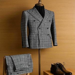 Nieuwste 2 stuks Houndstooth mannen pakken formele op maat gemaakte man past moderne revers dubbele breasted bruiloft smoking zakelijke jas + broek