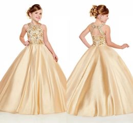 Nieuwste 2020 meisjes Pageant jurken Halterhals Een lijn gouden kralen kristallen top lange peuter kinderen formele partij prom jassen bloem meisje slijtage