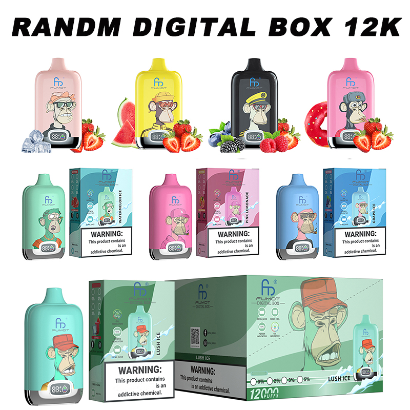 Nieuwste 48 smaken originele randm fumot digitale doos 12000 puffs wegwerp vape 12k 850 mAh type-c lading 20 ml met batterij en ejuice display 0% 2% 5% e sigaretten