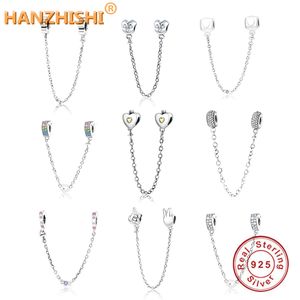 Date 925 Sterling Silver Heart Safety Chain Charms Perles Avec CZ Convient Original European Charm Bracelet DIY Jewelry Making Q0531