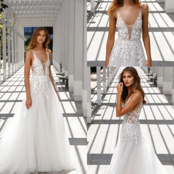 Date Une Ligne Robes De Mariée Mira Zwillinger Jewel Neck Sans Manches Applique Ruché Robe De Mariée Balayage Train robe de mariée