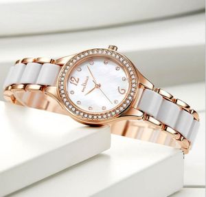 Nieuwste aankomst keramische kwarts beweging dames horloge armband diamant glanzende dames horloges waterdichte 7 mm dunne dial polshorloga6721958