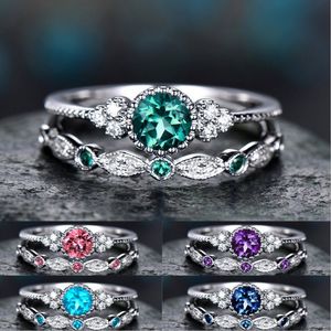 Nieuwste Collectie CZ Diamond Ring voor Dames Zilver Kleurrijke Ronde Verlovingsringen Set Mode Bruiloft Jewerly Valentijnsdag Gift