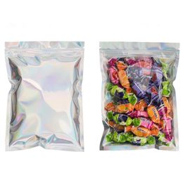 Nieuwste aankomst holografische kleur Meerdere maten hersluitbare geurbestendige tassen folie pouch tas platte ziplock tas voor partij gunst voedselopslag