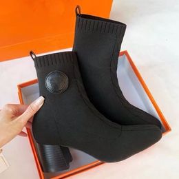 Nieuwste herfst winter sokken hielen hak laarzen mode sexy gebreide elastische boot ontwerper alfabetische vrouwen schoenen dame letter dikke 6cm hoge hakken maat 35-40