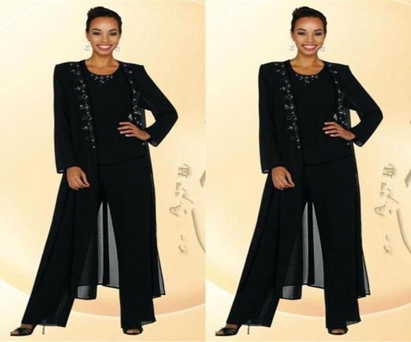 Más nuevos Balck Beads Mother of the Bride Groom Pants trajes con chaqueta de mangas largas Fashion Summer Vintage Vintage Mother Gow6489599