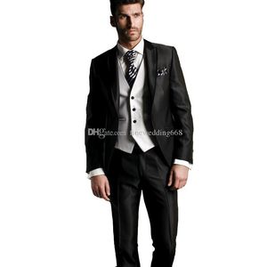 Date Black Groomsmen Peak Lapel Wedding Groom Tuxedos Hommes Costumes Mariage / Bal / Dîner Meilleur Blazer Homme (Veste + Cravate + Gilet + Pantalon) 557