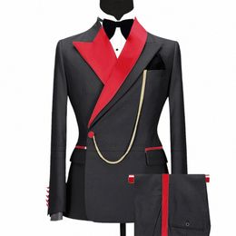 Nouveaux costumes noirs pour hommes Slim Fit luxe Busin mariage Tuxedos sur mesure rouge brillant col veste avec pantalon 2 pièces ensemble c7t5 #