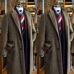 Nieuwste bruine herenpakken Tweed Notch Rapel Terno Masculino Herringband klassieke mannenpak op maat gemaakt 0431