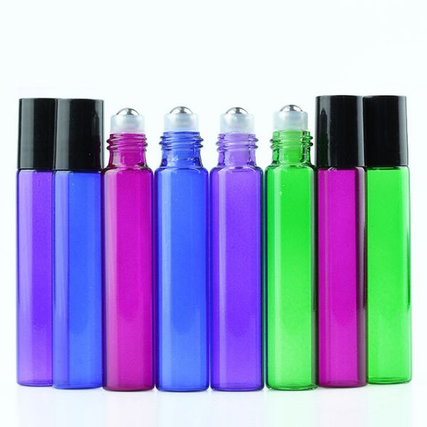 Les plus récentes bouteilles à roulettes en verre coloré de 10 ml les moins chères du marché !!! Bouteilles de parfum à bille en acier inoxydable, violet, vert, rouge, bleu, 10ml, DHL gratuit