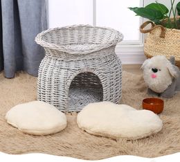 Nieuwste klassieke witte rieten pet Willow kattenhuis rieten huisdierenmand