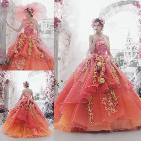 Robes de mariée colorées les plus récentes avec des fleurs faites à la main orange organza robe de bal sans bretelles robes de mariée froncé dos nu robes de mariée