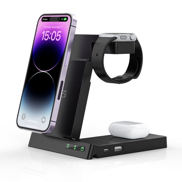 Cargador inalámbrico de 15W de nuevo diseño Estación de carga plegable 3 en 1 para Apple iPhone 15 14 13 12 Pro/Max/Plus, iWatch Ultra/8/7/SE/6/5/4/3/2, Airpods 2 Pro, Samsung Galaxy Watch 5/4/3