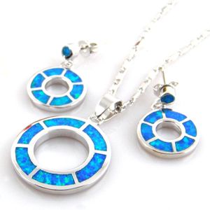 Ensemble de bijoux en opale bleue pour femmes, nouveau Design, pendentif circulaire et boucles d'oreilles cerceaux