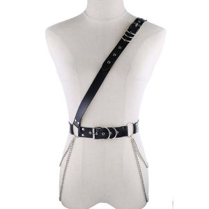 Más nuevo diseño mujeres hombres punk hip-hop cinturón imitación cuero pin hebilla cinturón cinturón halloween gótico cadena de metal simple hombro suspender cinturón
