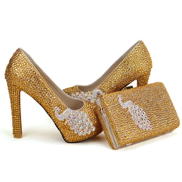 El más nuevo diseñador único Phenix decoración zapatos de diamantes de imitación dorados con bolso a juego fiesta graduación nupcial boda tacones altos mujer Stiletto