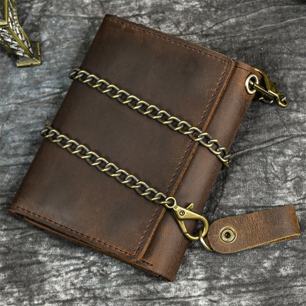 Cartera de diseñador más nueva para hombre, billetera de cuero genuino para hombre, tarjetero, monedero corto, billetera de cuero con cadena de hierro triple