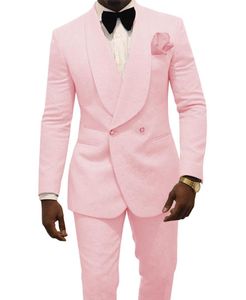 Nieuwste Double-Breasted Pink Paisley Bruidegom Tuxedos Sjaal Revers Mannen Past 2 Stuks Bruiloft / Prom / Diner Blazer (jas + Broek + Tie) W751