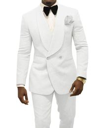 Date Double-Breasted Blanc Paisley Groom Tuxedos Châle Revers Hommes Costumes 2 pièces Mariage / Bal / Dîner Blazer (Veste + Pantalon + Cravate) W749