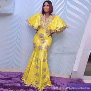 Nieuwste Dubai Geel Mermaid avondjurken V Hals Lace Appliques Formele avondjurken Prom jurk jurk plus size robe de soiree236b