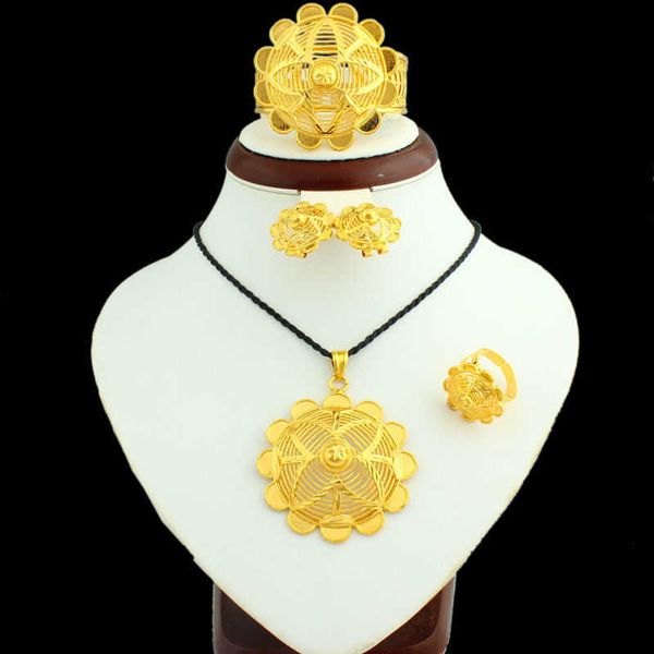 Date éthiopien grande fleur ensemble de bijoux 24K couleur or pendentif/collier/boucles d'oreilles/bague/bracelet femmes africaines bijoux de mariage H1022