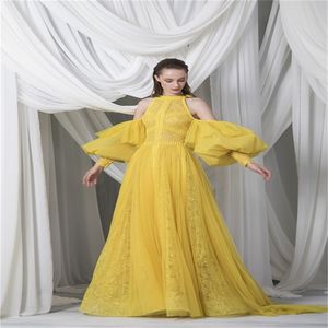 Robes de soirée les plus récentes manches longues Chic dentelle froncé Tulle jaune robes de soirée de Dubaï balayage train robes de bal sur mesure Robe de soirée￩e