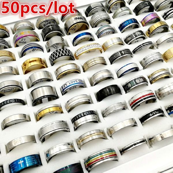 Nouvelle mode 50 pcs/pack mélange de styles en acier inoxydable bague en titane bagues bon ajustement pour hommes et femmes charme bijoux cadeau