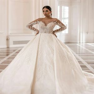 Nouvelle mode une ligne robes de mariée de luxe à manches longues perles appliquées dentelle princesse robes de mariée paillettes balayage train robes de mari￩e