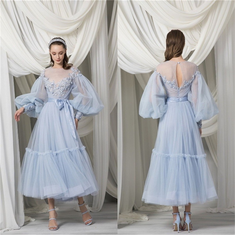 Nyaste mode kvällsklänning ljus himmel blå långärmad prom klänning appliqued prinsessa sweep train custom made robe de soirée