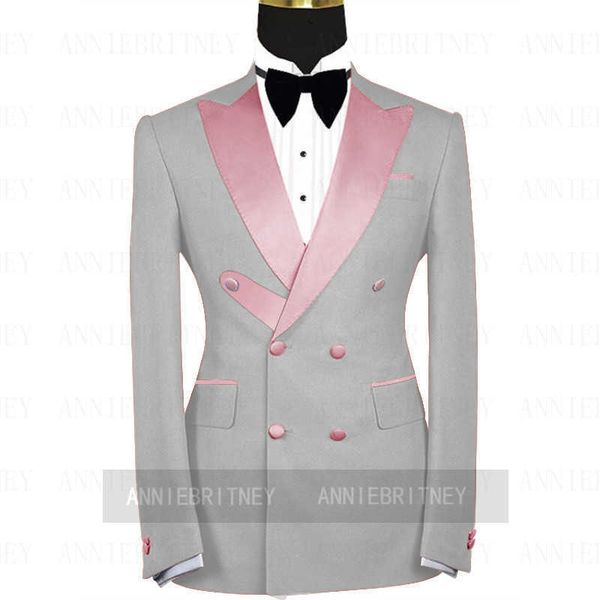 Dernière mode gris hommes costume de mariage ensemble 2 pièces formelle bal dîner mâle smoking rose revers blazer double boutonnage veste pantalon x0909