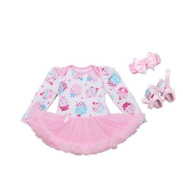 Los más nuevos conjuntos de ropa de moda para recién nacidos, vestidos de manga larga para niñas, peleles de helado, vestido de tutú + zapatos + diadema = 3 unids/set