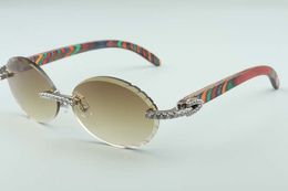 Mode T3524016-2 verres coupants diamants lunettes de soleil, branches en bois de paon naturel lunettes ovales rétro, taille: 58-18-135mm