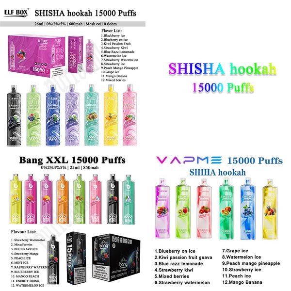 Nouvelles saveurs arrivée vape jetable Bang Elf Box vapme shisha Hookah 15k bouffée Mesh Coil 650mAh type-c rechargeable vaper puff 15000 prérempli Pod E Cigarette