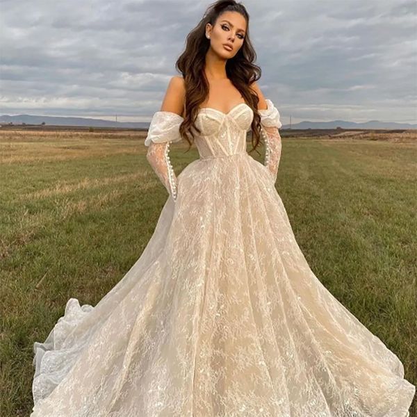 Vestidos de novia de encaje completo más reciente de la línea fuera del hombro Garden de manga larga vestida de novia de la novia de la bola de corsé de Mariee