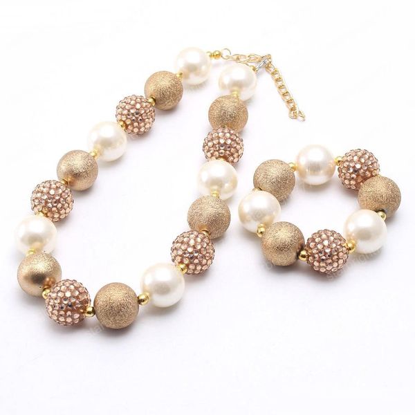 Date Or + Beige Couleur Bébé Enfant Chunky CollierBracelet Ensemble De Mode Bubblegum Perles Chunky Collier Ensemble De Bijoux Pour Enfants Gilr