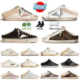 Lo nuevo Goldenstar Sabots Diseñador Zapatillas Zapatos Pantoufle Cuero Habitación Diapositivas Mocasines Entrenadores Mujeres Plataforma para hombre Super estrellas Sucias Viejas zapatillas de deporte doradas al aire libre