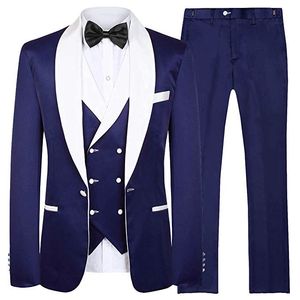 Nieuwste Groomsmen Light Navy Blue Bruidegom Tuxedos Sjaal Witte revers Mannen Past Bruiloft Best Man Bruidegom (jas + Broek + Vest + Tie) L246