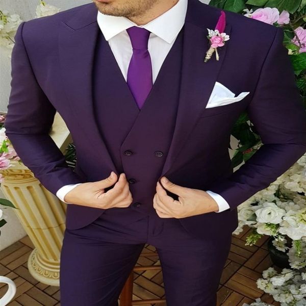 Date Garçons D'honneur Peak Revers Marié Tuxedos Violet Foncé Hommes Costumes De Mariage De Bal Dîner Homme Blazer Veste Pantalon Cravate Gilet W977230L