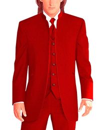 Nieuwste Groomsmen Red Groom Tuxedos Mandarijn Revers Mannen Past Bruiloft Best Man Bruidegom (jas + Broek + Vest + Tie) L172