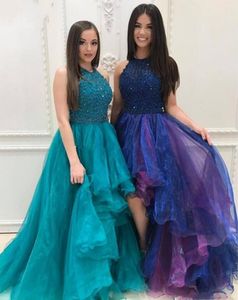 Nieuwste hoog lage prom -jurken Halter -pailletten kralen gelaagde organza -rok Sparkly Backless Prom -jurken Afstudeerjurken Hy4095