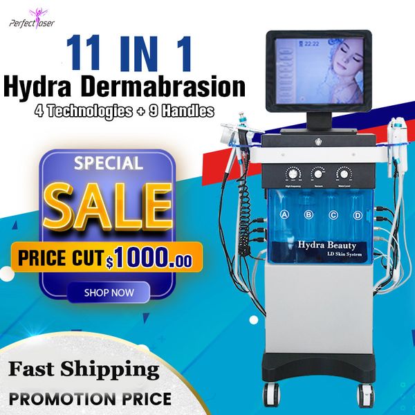 Oxygen Jet Hydra Dermabrasion 11 en 1 Máquina de microdermoabrasión de diamante Hidropigmentación Tratamiento del acné Limpieza de la piel Equipo de spa