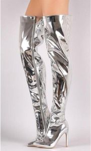 Le plus récent Kim Kardashian Stilettos Silver Gold Mirror Leather Metallic Over the Knee Women Boots Fashion CHIGH HIGH BOOTES6077569