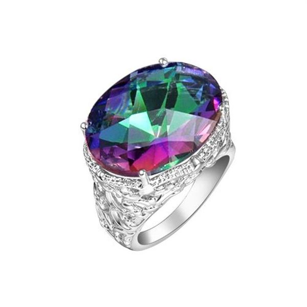 Le plus récent dernier style pour les femmes bague colorée bijoux en argent sterling 925 plaqué ovale arc-en-ciel feu topaze mystique gemmes argent Rings210O