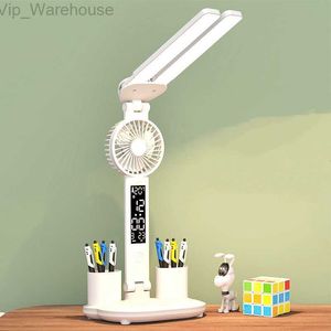 Nieuwste LED-bureaulamp USB dimbaar Touch opvouwbare tafellamp met kalenderklok Miniventilator Nachtlampje voor studieleeslamp HKD230824