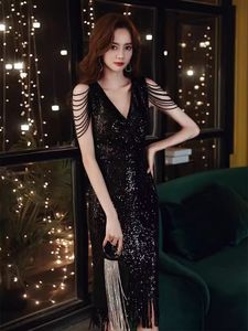 Date de luxe col en v noir robes de soirée courtes perles paillettes Midi robes de bal élégante robe formelle robes de soirée