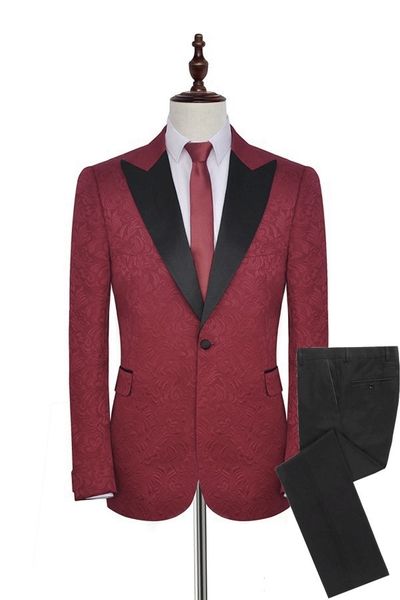 Les plus récents costumes pour hommes motif rouge foncé avec des smokings de marié noirs pic satin revers garçons d'honneur mariage meilleur homme 2 pièces (veste + pantalon + cravate) L497