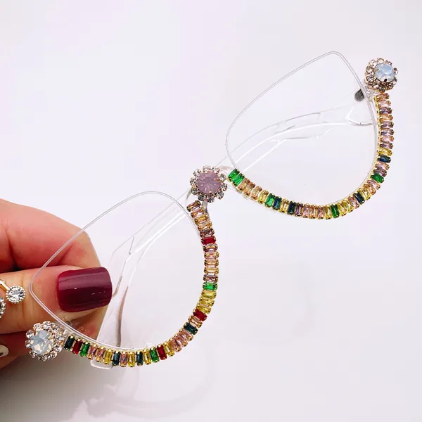 Diseñador hecho a mano con incrustaciones de diamantes marco de anteojos semi-sin montura anti-azul luz ojo de gato gafas clásicas de moda Alta calidad Múltiples modelos