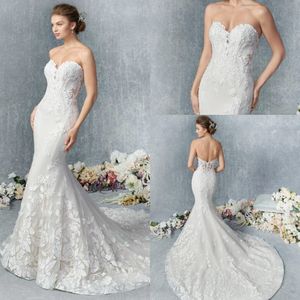 Nieuwste zeemeermin Kenneth Winston Trouwjurken Strapless Mouwloze Satijn Applique Button Bruidsjurk Sweep Train Robe de Mariée