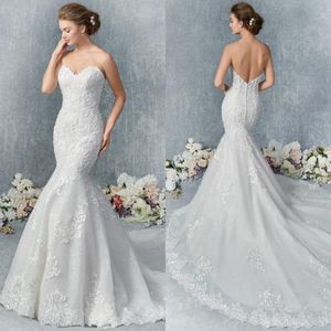 Nieuwste zeemeermin Kenneth Winston Trouwjurken Strapless Mouwloze Tule Kant Applique Button Bruidsjurk Sweep Train Robe de Mariée